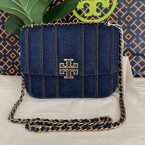 New, Tory Burch Britten denim small adjustable shoulder bag navy - Picture 3 of 14
